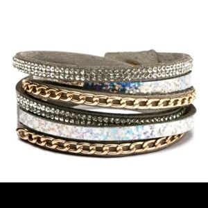 B28 Silver Gray Gold Double Wrap Rhinestone Bracelet Blingy New